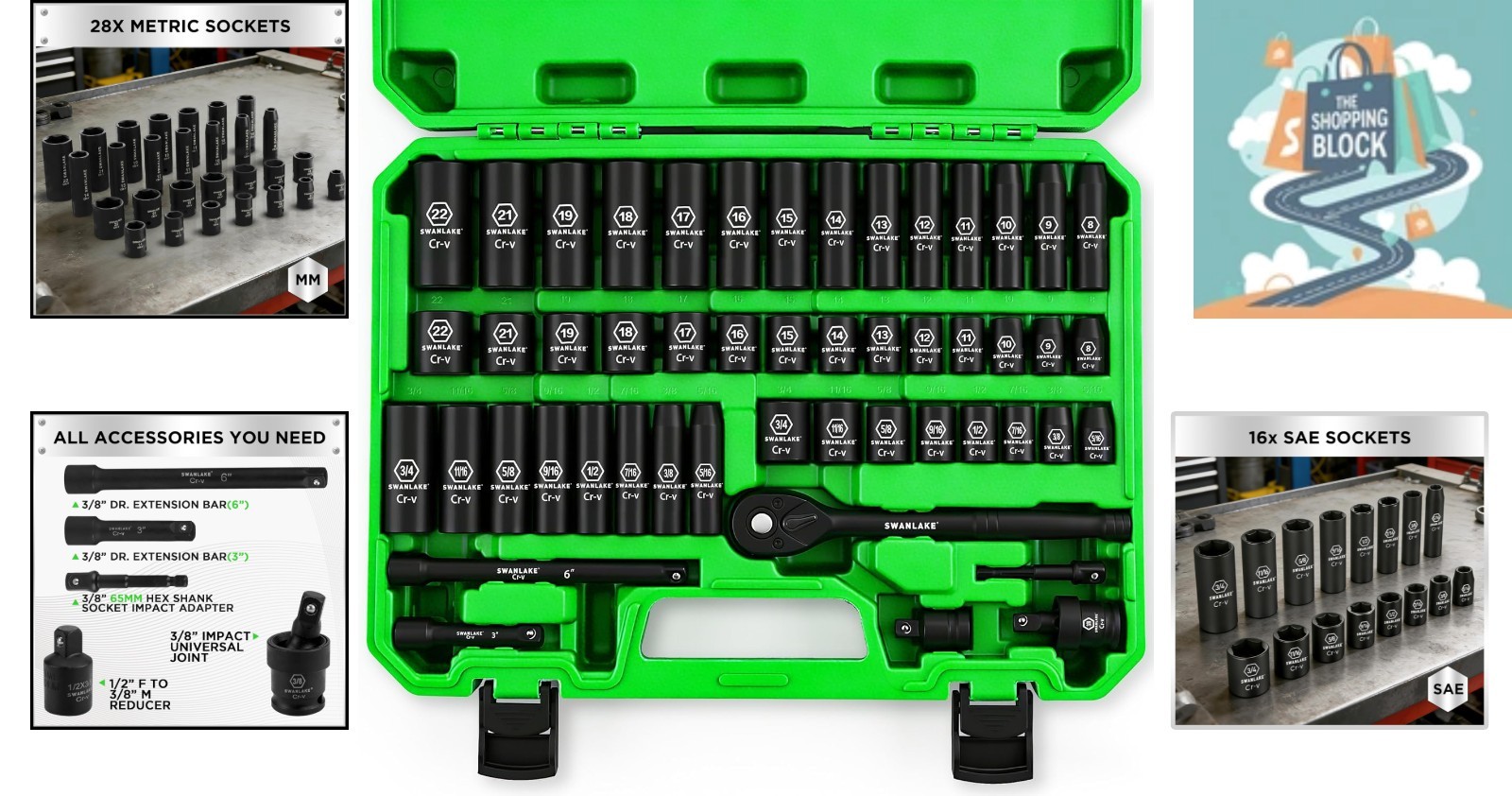 SWANLAKE 50-Piece Impact Socket Set, 3/8″ Drive, SAE & Metric, Chrome Vanadium