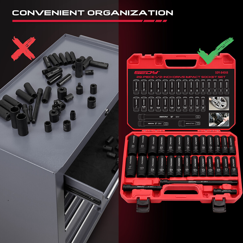 29Pcs 1/2″ Drive Deep Impact Socket Set with Extension Bars SAE and Metric CR-V