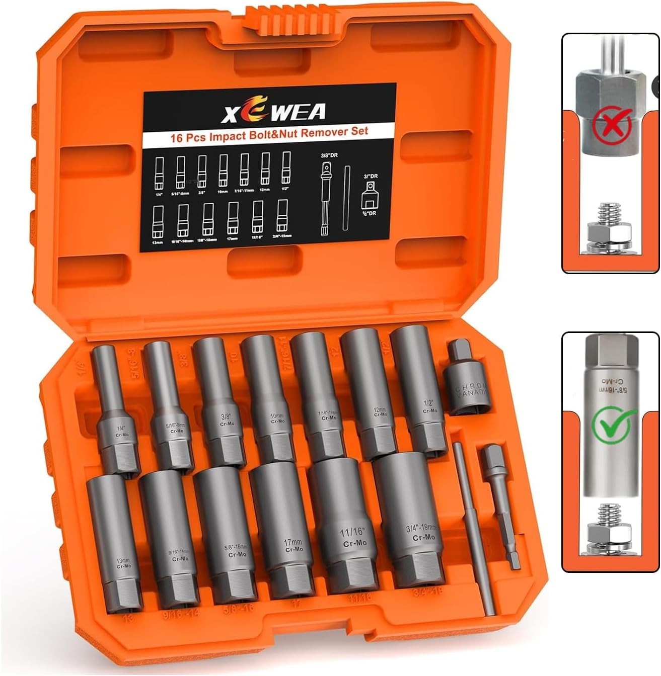 16PCS 3/8″ Drive Deep Bolt Extractor Set, Impact Bolt Nut Remover Set, Stripp…