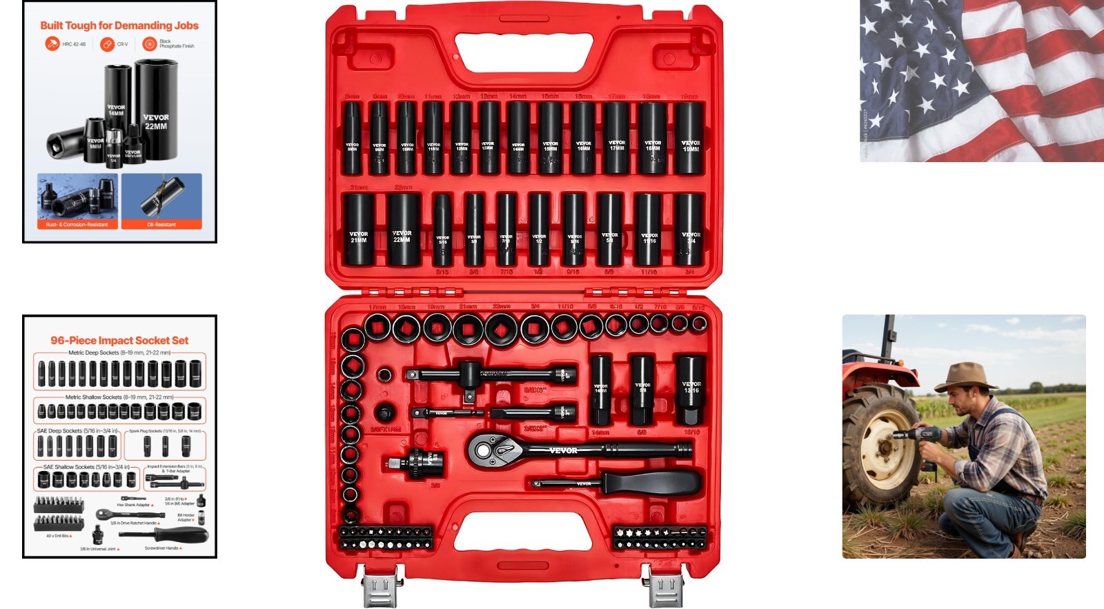 96 Piece 3/8″ Drive Impact Socket Wrench and Bit Set, SAE 5/16″ to 3/4″ & Met…