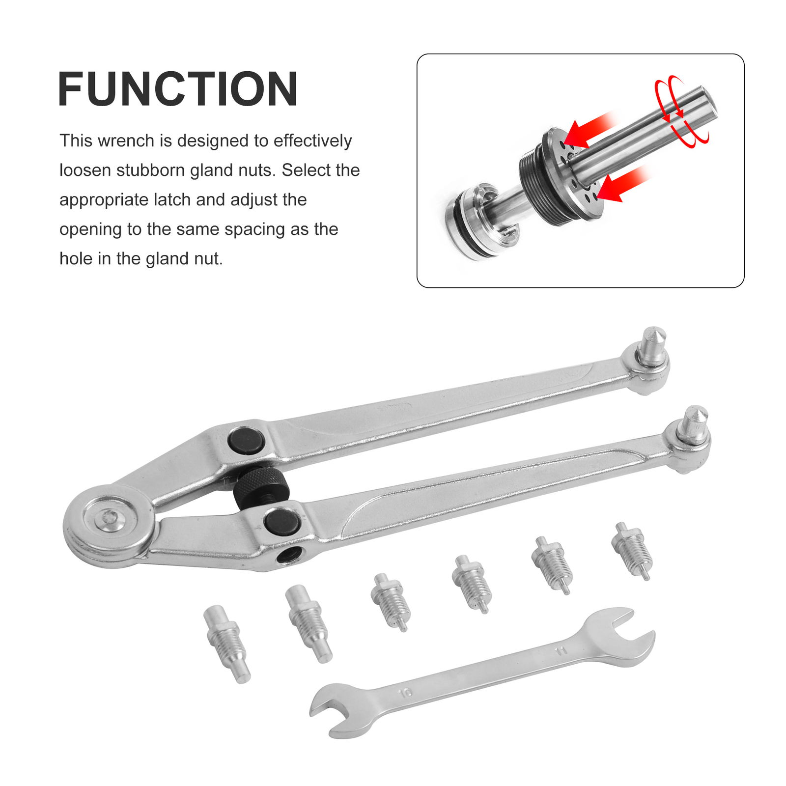 Adjustable Pin Spanner Set Gland Nuts Wrench with top holes, 25/32″ – 3-15/16″