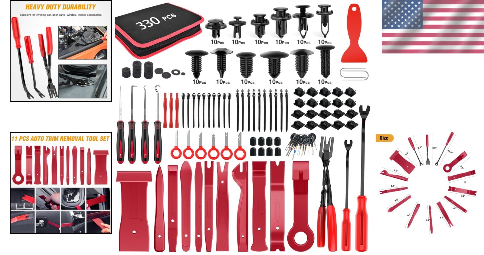 330Pc Trim Removal Tool Set, Red, Fastener Clip Pliers