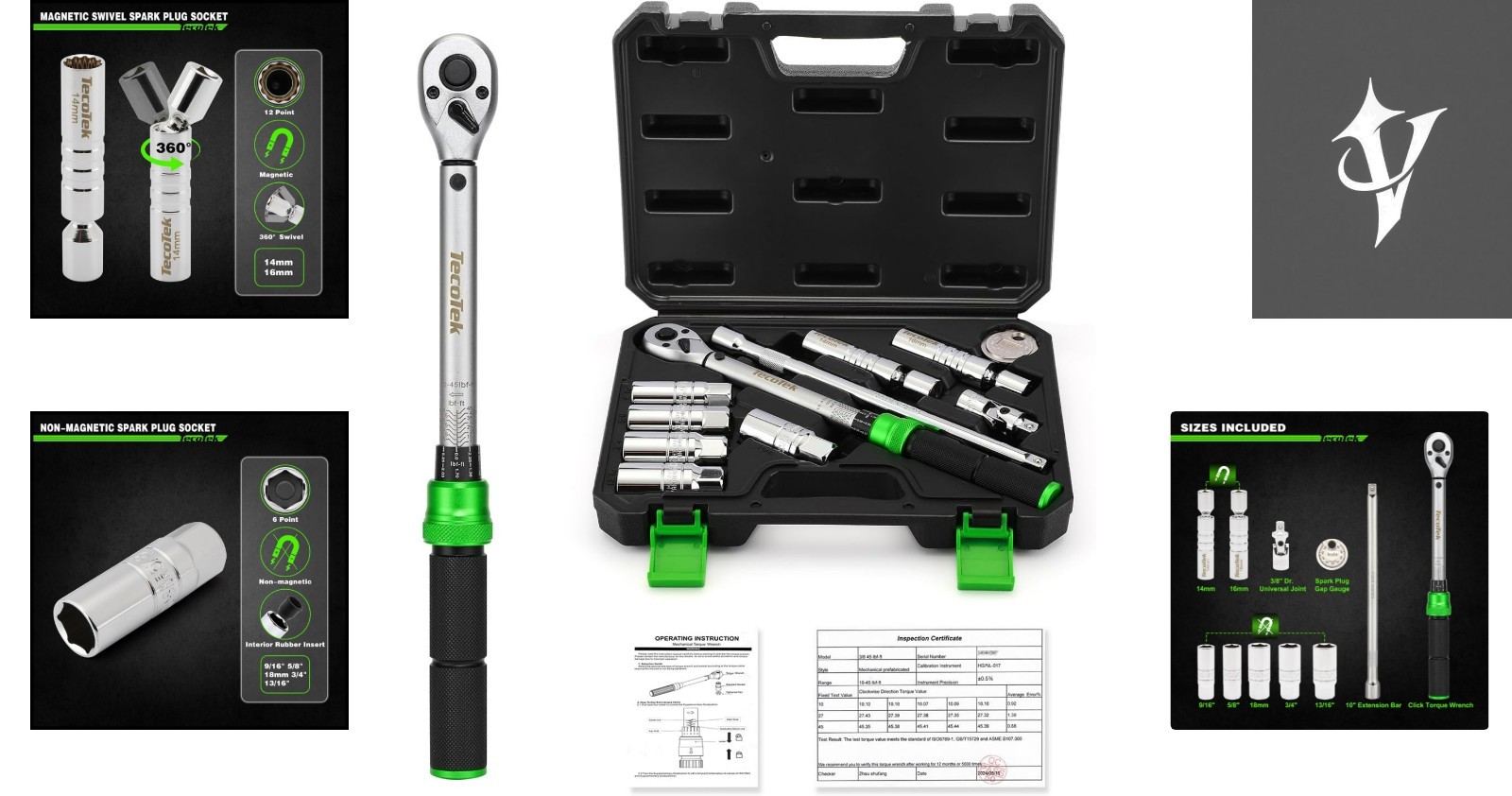 11-Piece 3/8″ Drive Spark Plug Socket Set with Click Torque Wrench Included