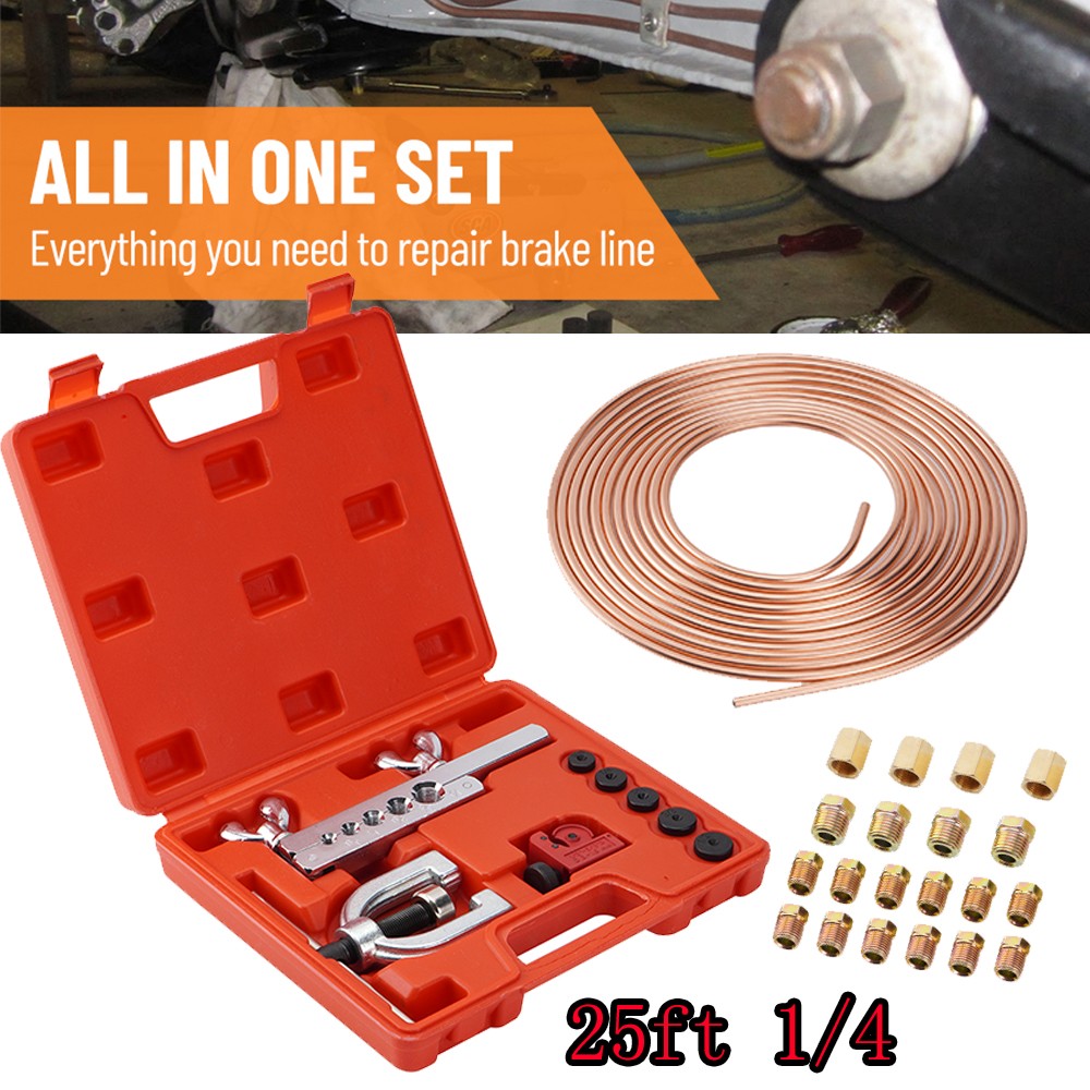 Racewill 25FT 1/4 Copper Coated Brake Line Kit Includes 16 Fittings & 4 Unions
