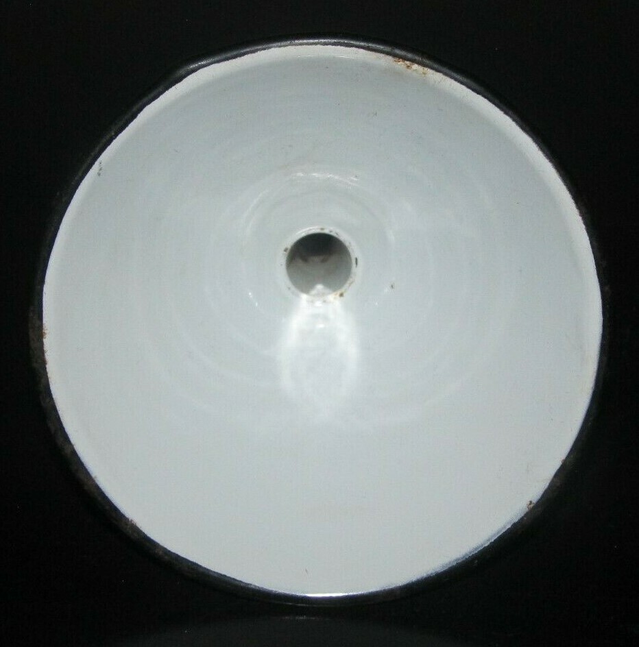 Vintage PRIMITIVE Small White & Black ENAMEL GRANITEWARE Funnel Partial Tag Oil