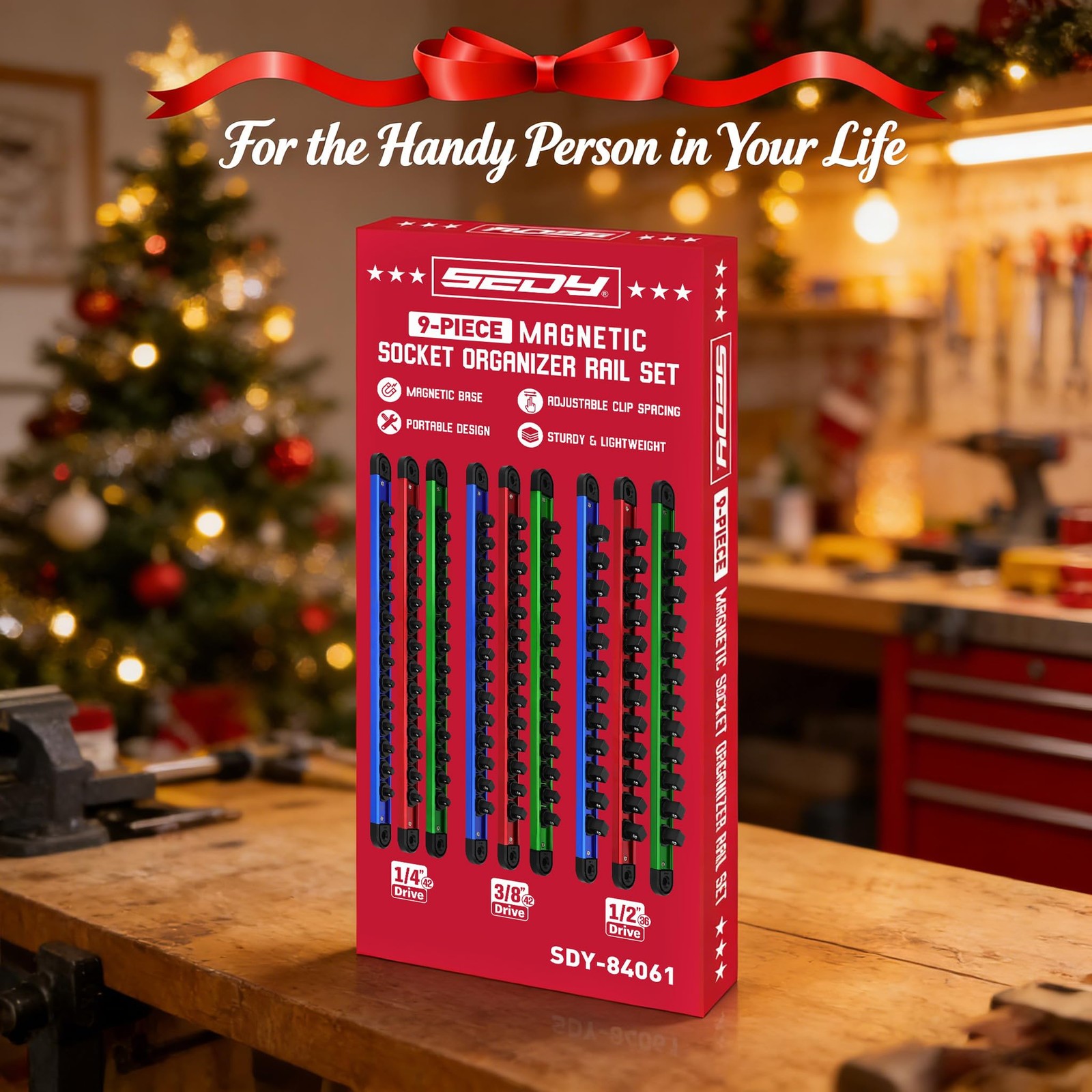 Magnetic Socket Holder Organizer Set: 9-Piece 1/2,1/4,3/8, Blue Red Green