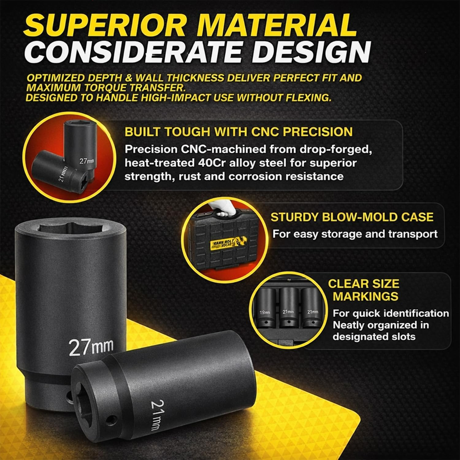 1/2’’ Drive Weighted Crank Bolt Socket Set, 17MM, 19MM, 21MM, 22MM, 24MM, 27M…