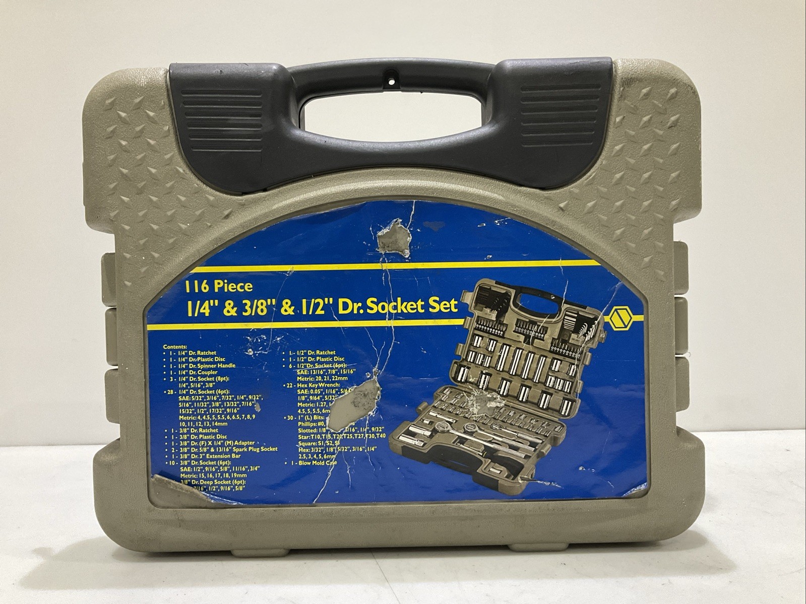 DR SOCKET JZ0028TA SET 1/4 IN, 3/8 IN, AND 1/2 IN 116 PIECE – INCOMPLETE SET