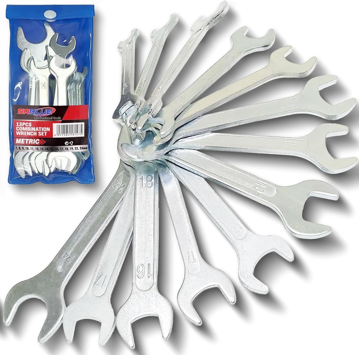 Super-Thin Open End Wrench Set Metric 13-Piece 7mm to 24mm Cone Spanner A01 Kit
