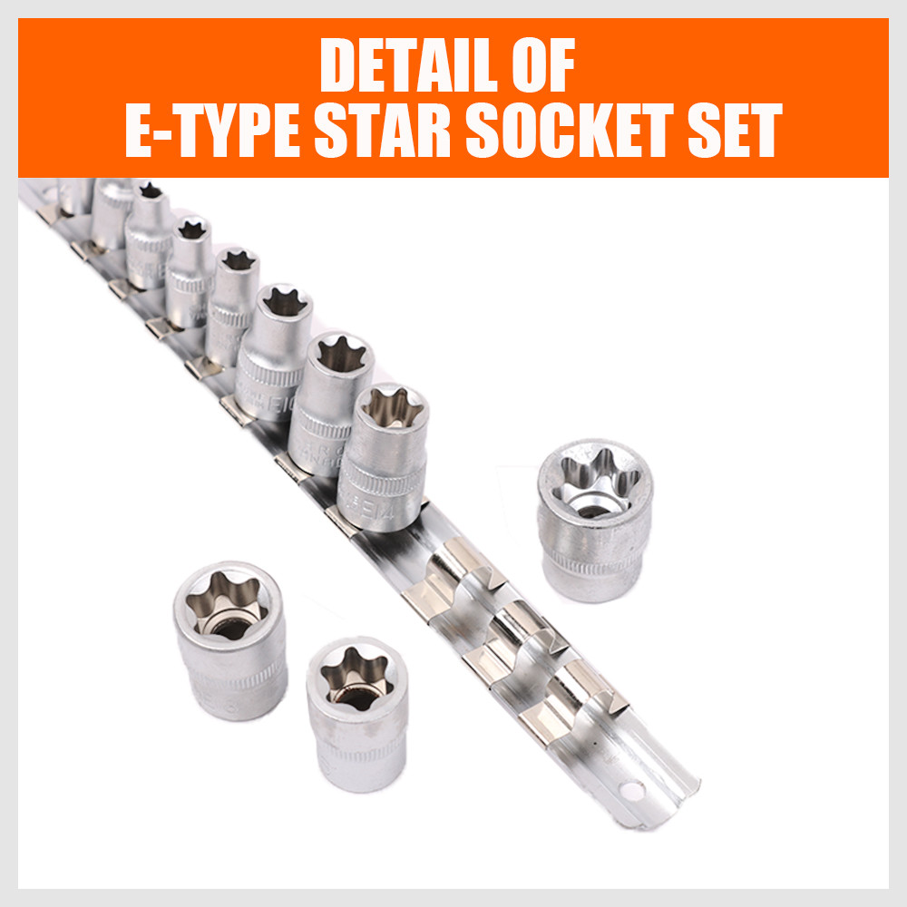 11 pc Torx Star Bit External Female E Socket Set Automotive Shop Tools with Rail