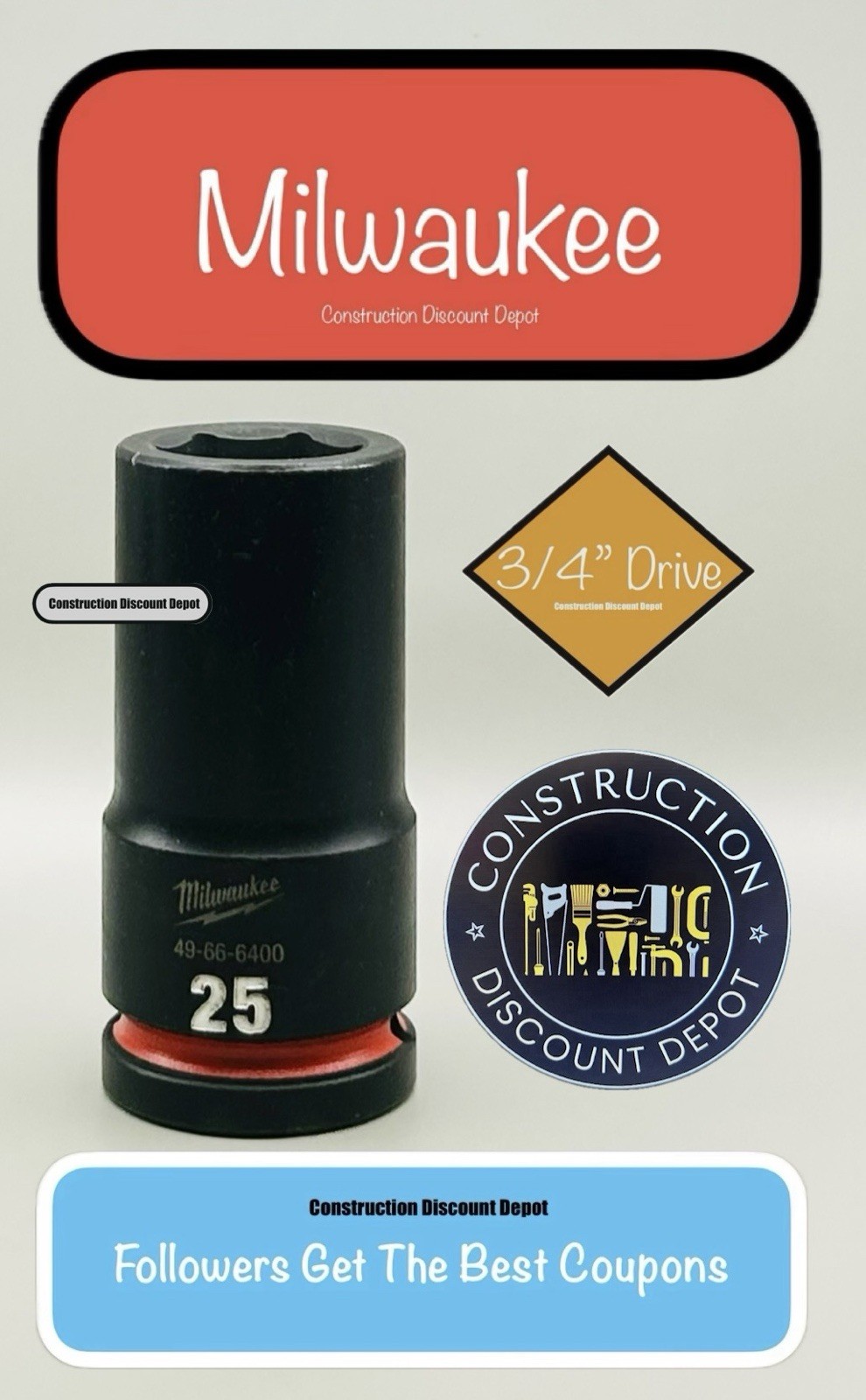 Milwaukee 49-66-6400 25MM Shockwave Impact Duty 3/4″ Drive Deep Socket 25 mm