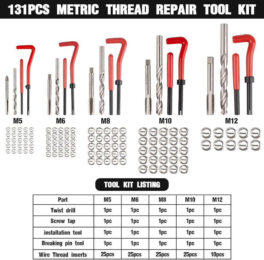 Kit De Reparacion De Roscas Helicoil Metricas 131 Piezas Heli Coil Hss Taladros