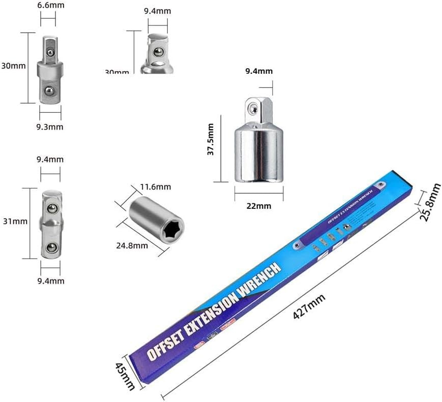 3/8″ Impact Resistant Offset Extension Spanner Wrench Tight Reach with 5 Adapter