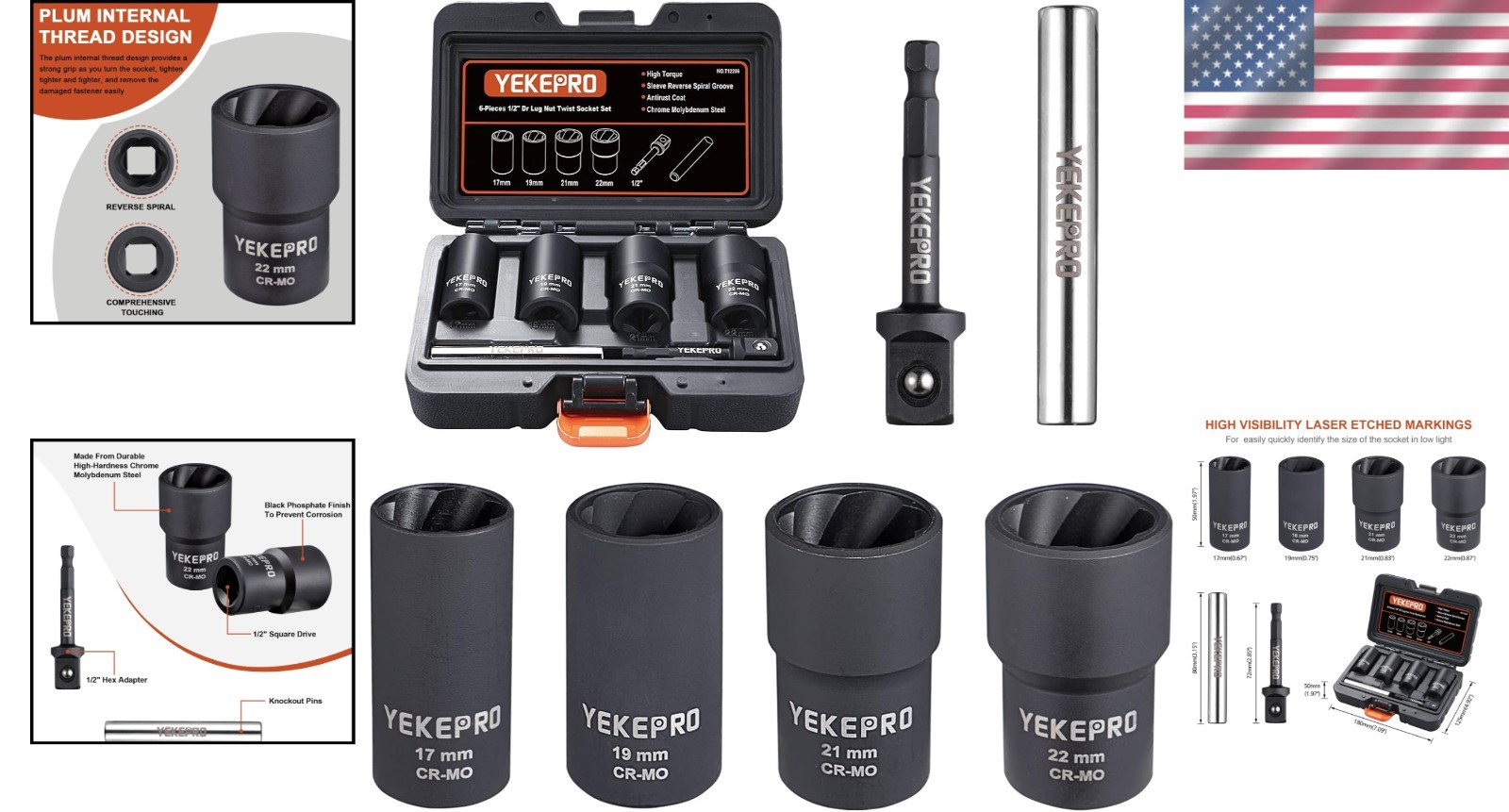 6 PCS Lug Nut Removal Tool Set – Impact Twist Socket & Bolt Extractor, 1/2-Inch