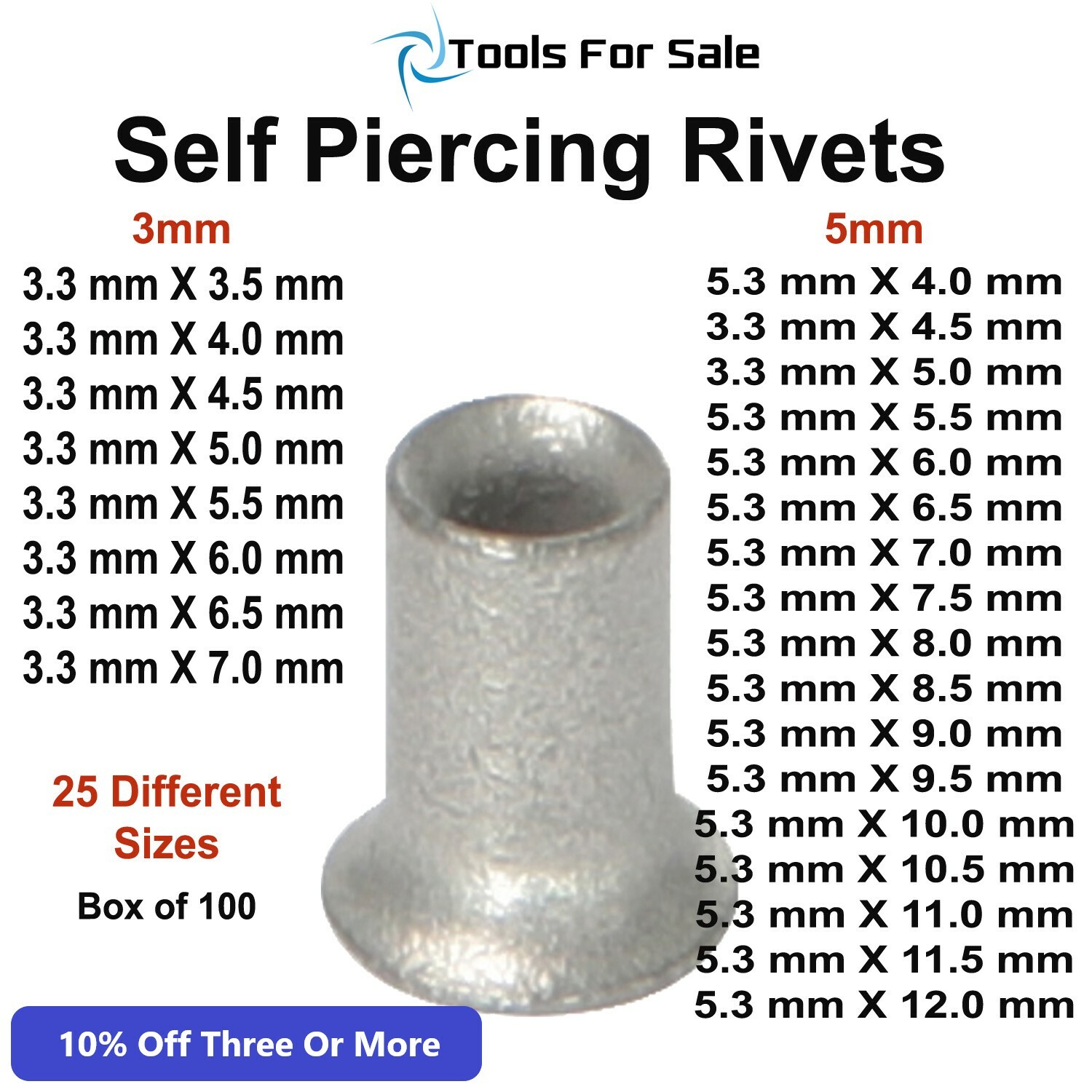 Aluminum Self Piercing Rivets – Collision Repairs – Boxes of 100