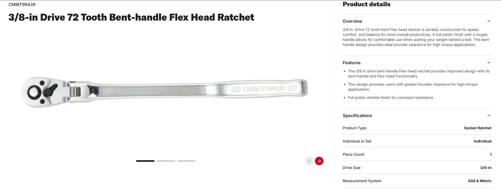 New! CRAFTSMAN CMMT99439 12″ Ratchet 172-Tooth 3/8″ Drive Bent Flex Head