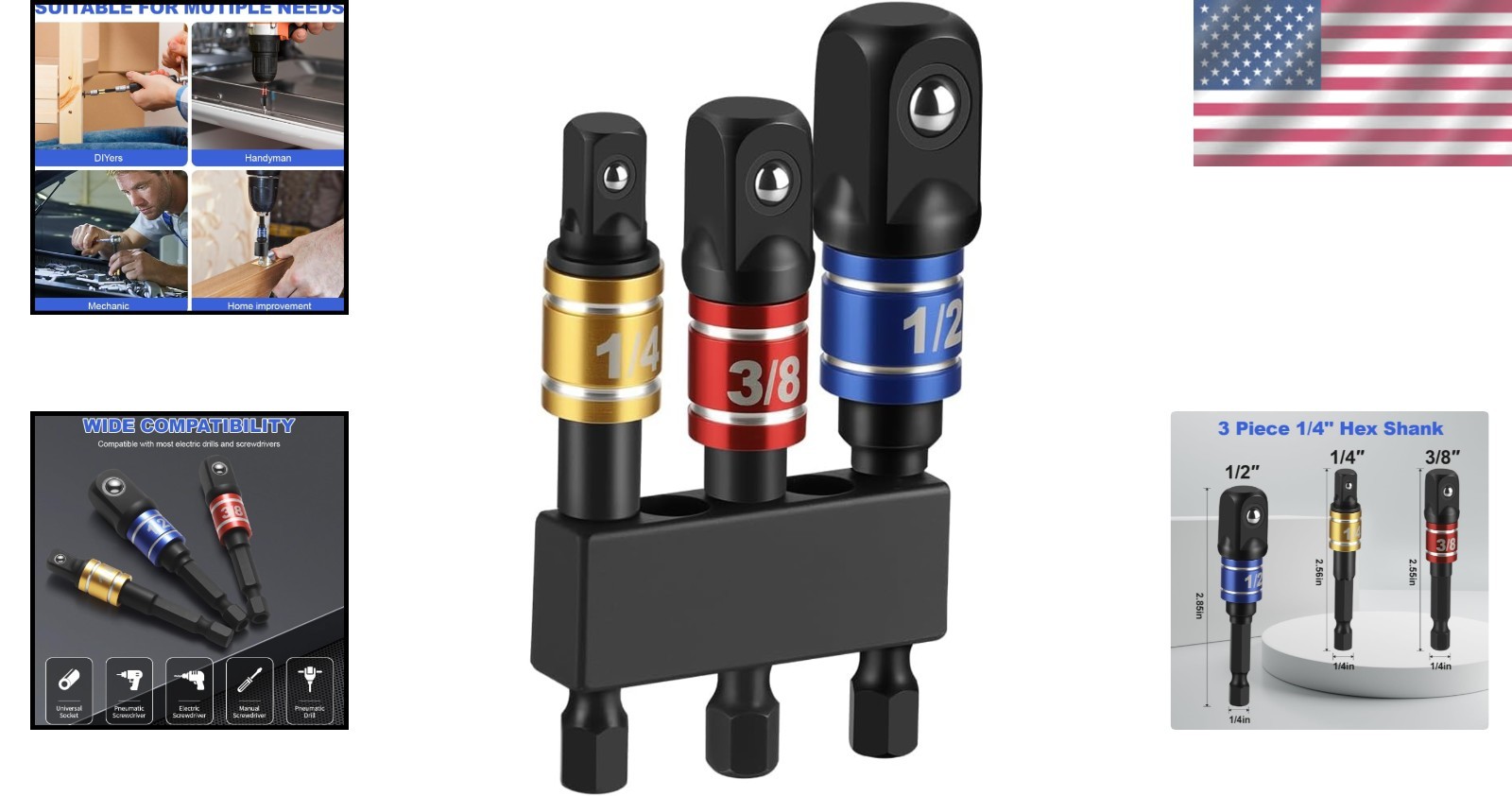 3 Piece Impact Socket Adapter Set, 1/4-Inch Hex Shank, Chrome Vanadium Steel …