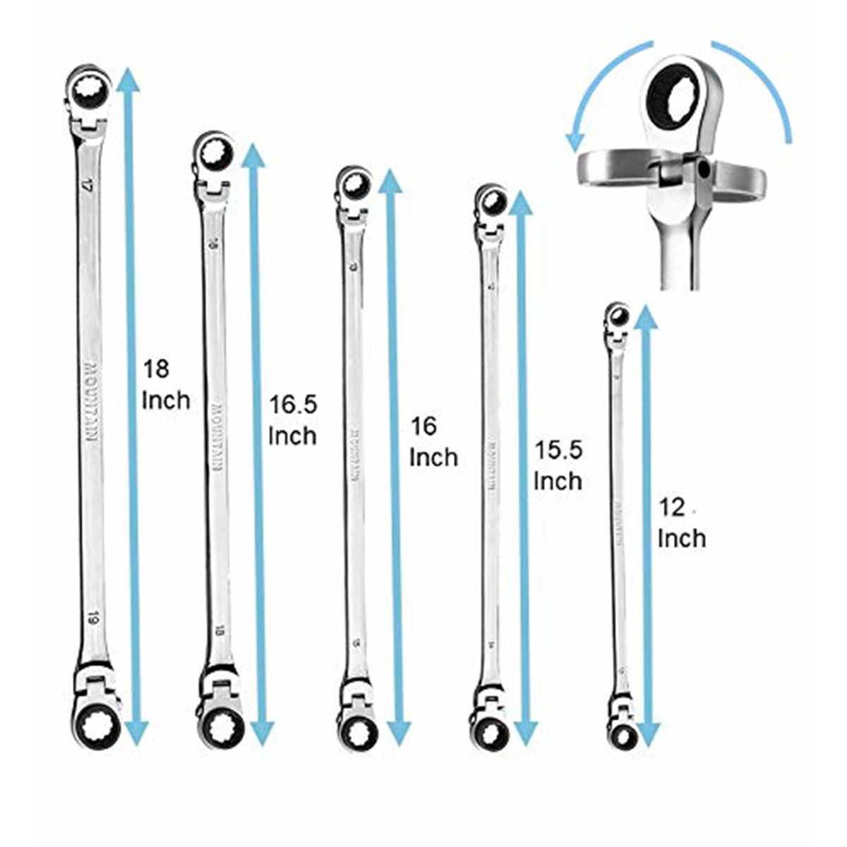 Mountain RM6, 5 Piece Metric Reversible Spline Ratcheting Wrench Set, Extra Long