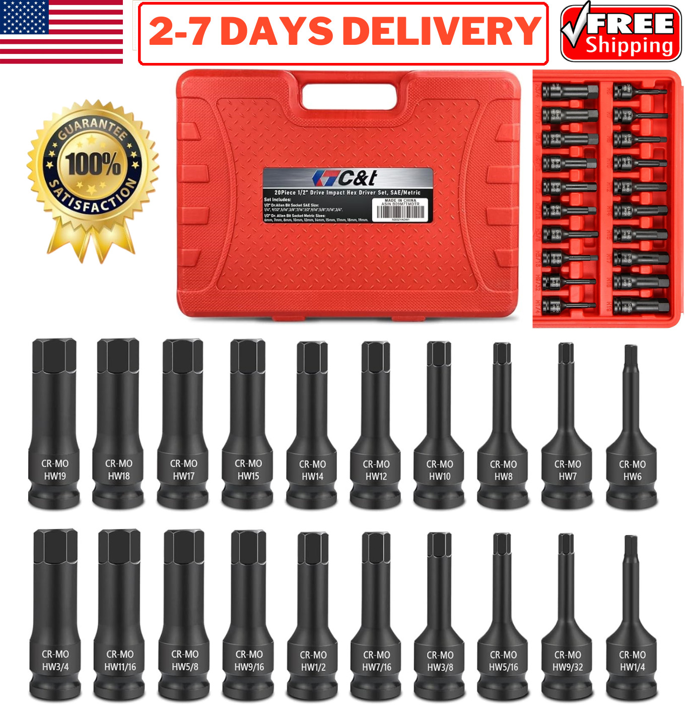 1/2″ Drive Master Impact Hex Bit Set SAE Metric Hex Head Driver Allen Bit Socket