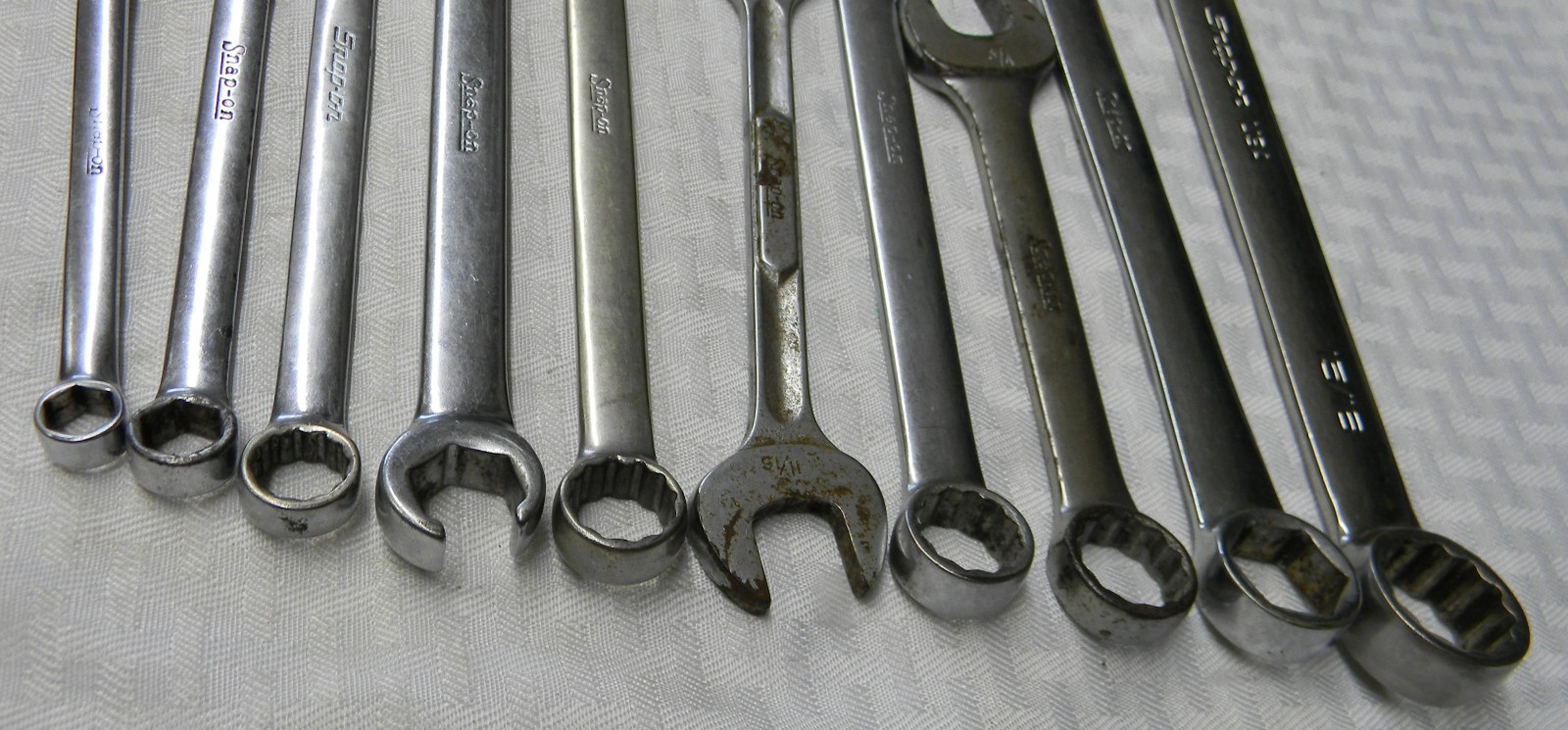 SNAP-ON 10PC LOT MIX MATCHED SAE 6/12PT OPEN-END/COMBINATION WRENCHES