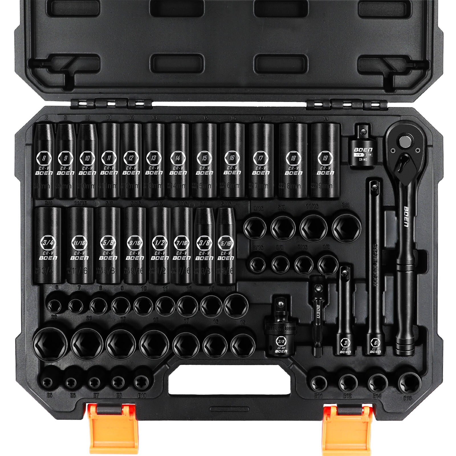 59Pcs 3/8″ Drive Impact Socket Set,SAE 5/16-3/4 inch,Metric 6-22mm,9Pcs E-Torx
