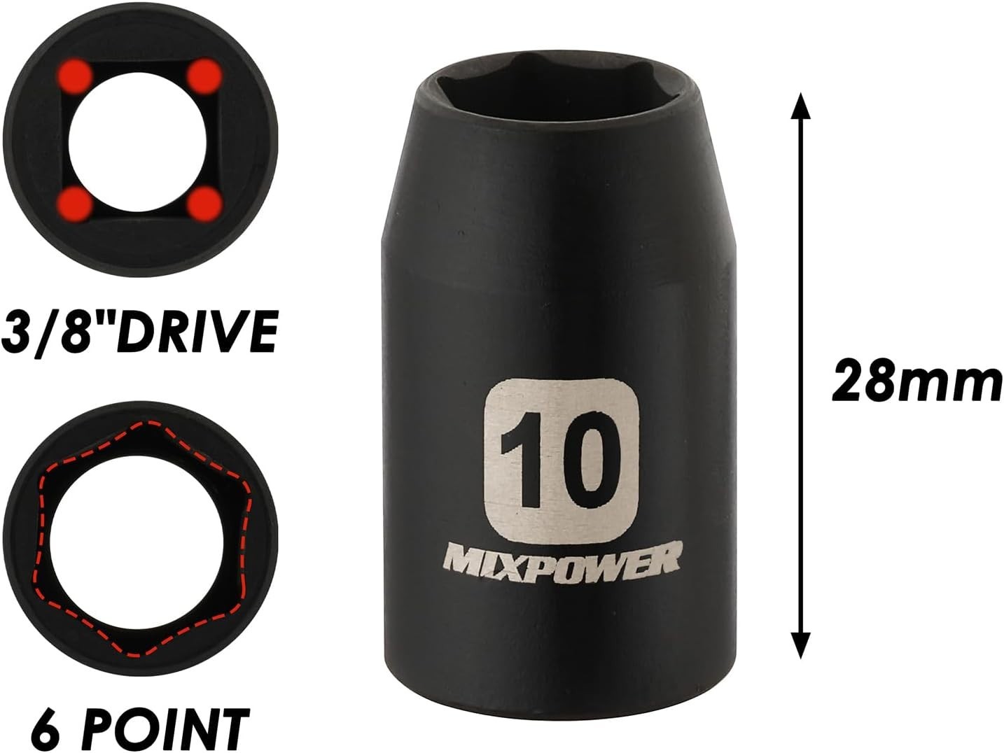 10mm Deep Shallow Socket 6PCS 3/8″ Drive 6 Point 12 Point CR-V