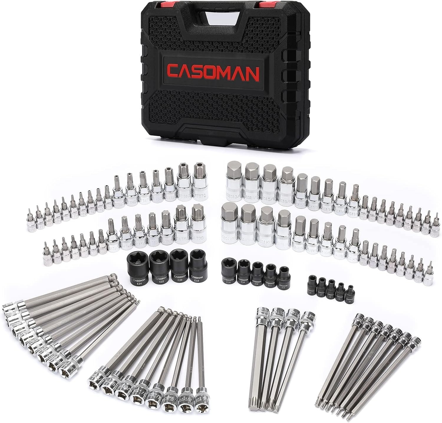 CASOMAN 107 Pieces Bit Socket Set, 1/4″, 3/8″ and 1/2″ Drive, One Size