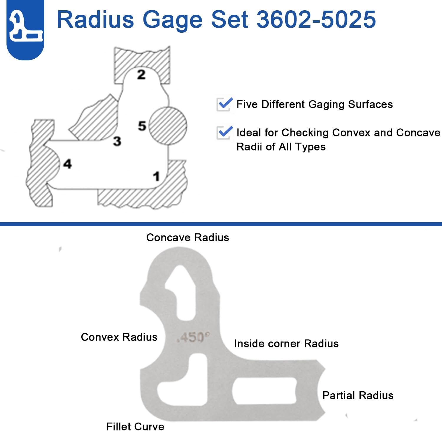 3602-5025 Radius Gauge Set, 0.010» to 0.500» Gauges with Holder, 26-Piece