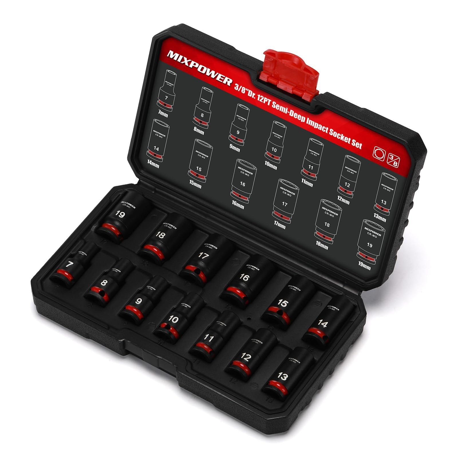 13-Piece 3/8″ Drive Metric Semi-Deep Impact Socket Set 7-19mm, 12 Point, CR-MO