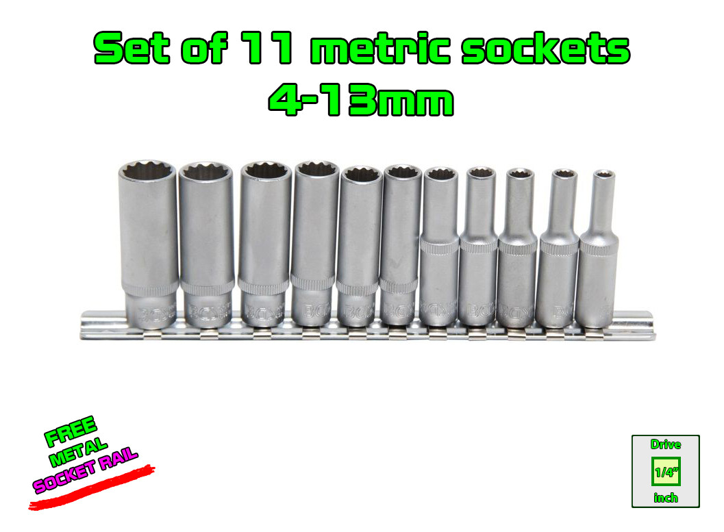 Set of 11 pcs 1/4” Drive 12 Point Deep Metric Standard Socket Set 4 – 13mm 12pt