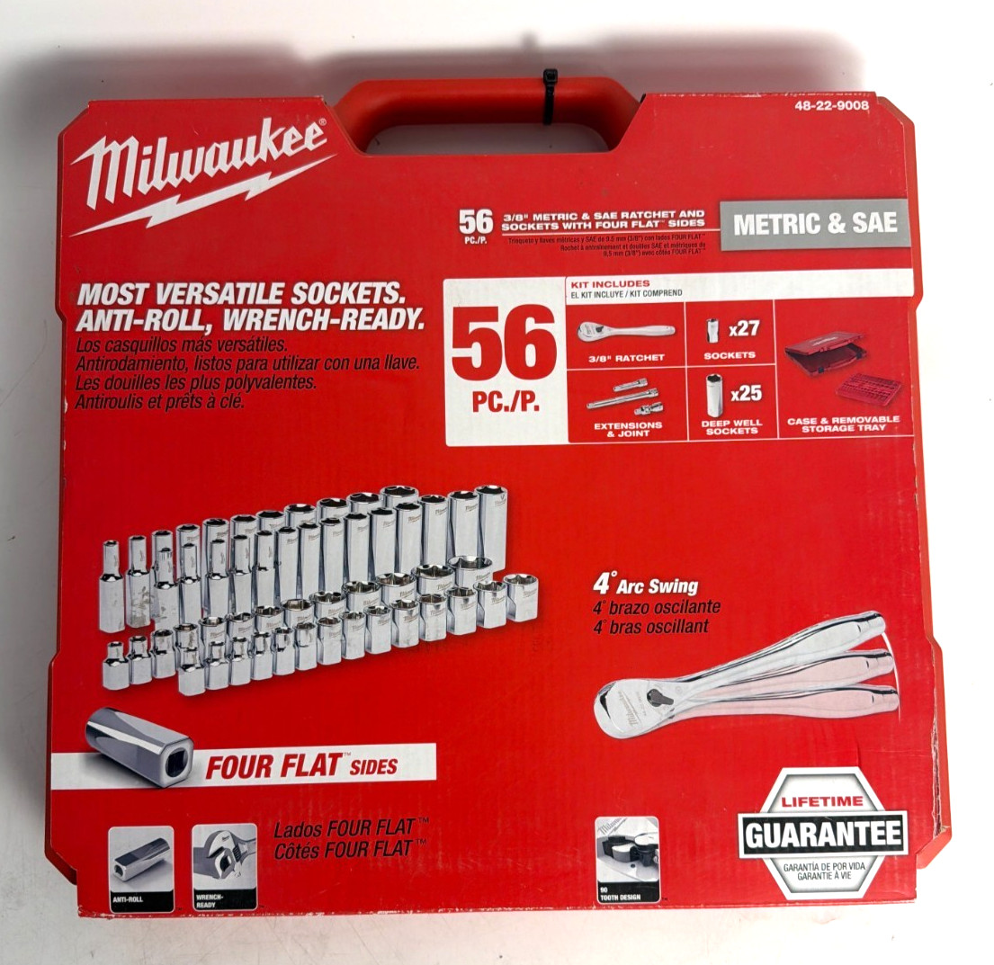 [NEW] (48-22-9008) Milwaukee 3/8″ Drive 56pc Ratchet & Socket Set with FOUR FLAT