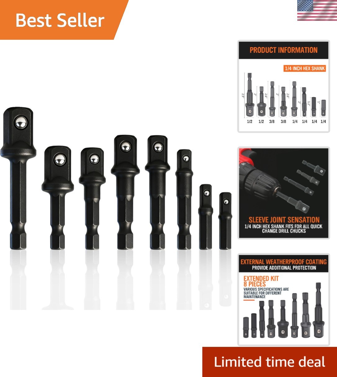 Durable 8-Piece Socket Adapter Set with Hex Shank – For 1/4″, 3/8″, 1/2″ Drives