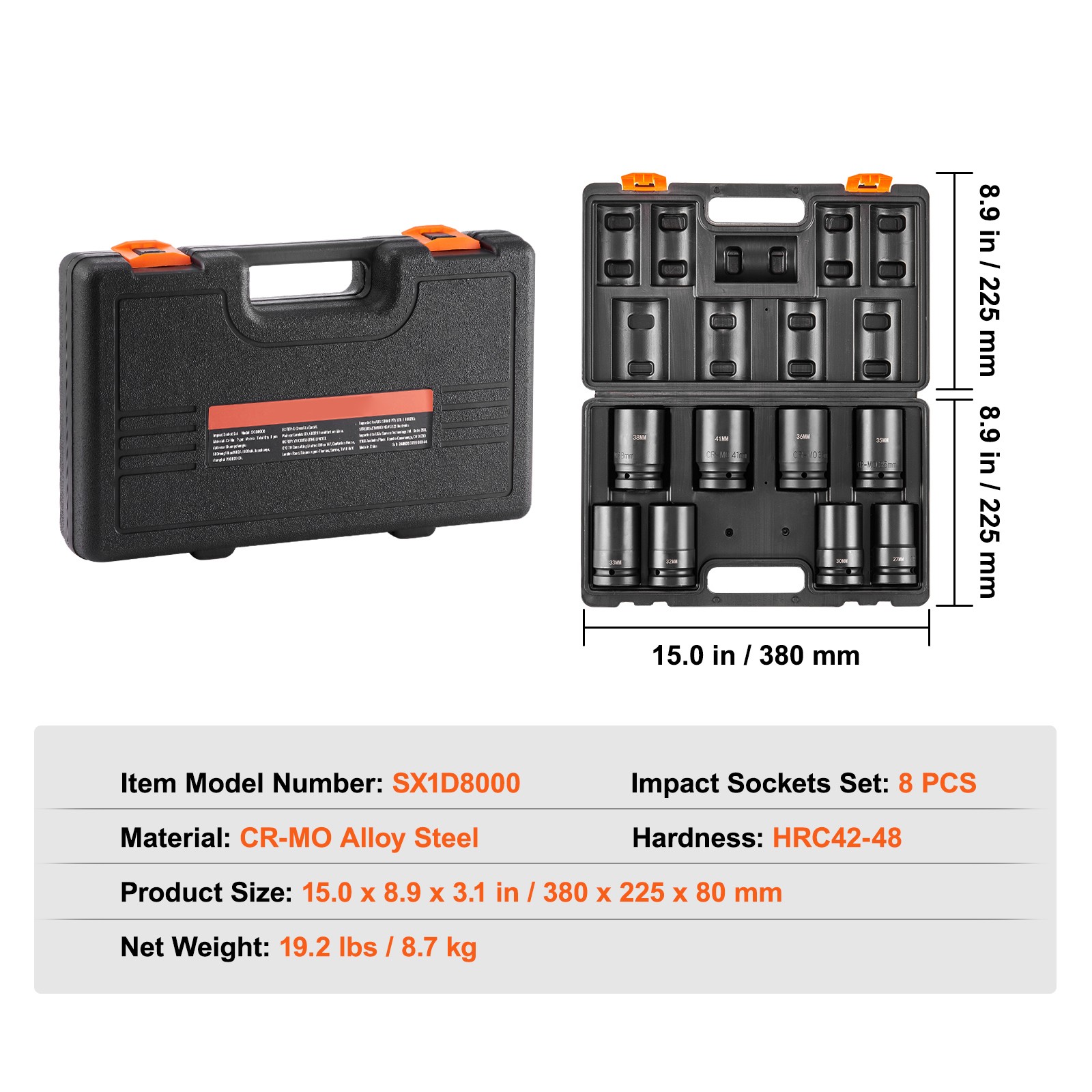 Uimoso Impact Sockets Set 8pcs 6-Point 1″ Drive Bit Ratchet Tool Kit Case