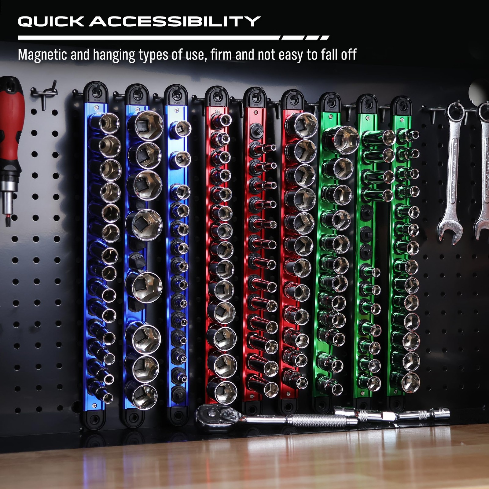 Magnetic Socket Holder Organizer Set: 9-Piece 1/2,1/4,3/8, Blue Red Green