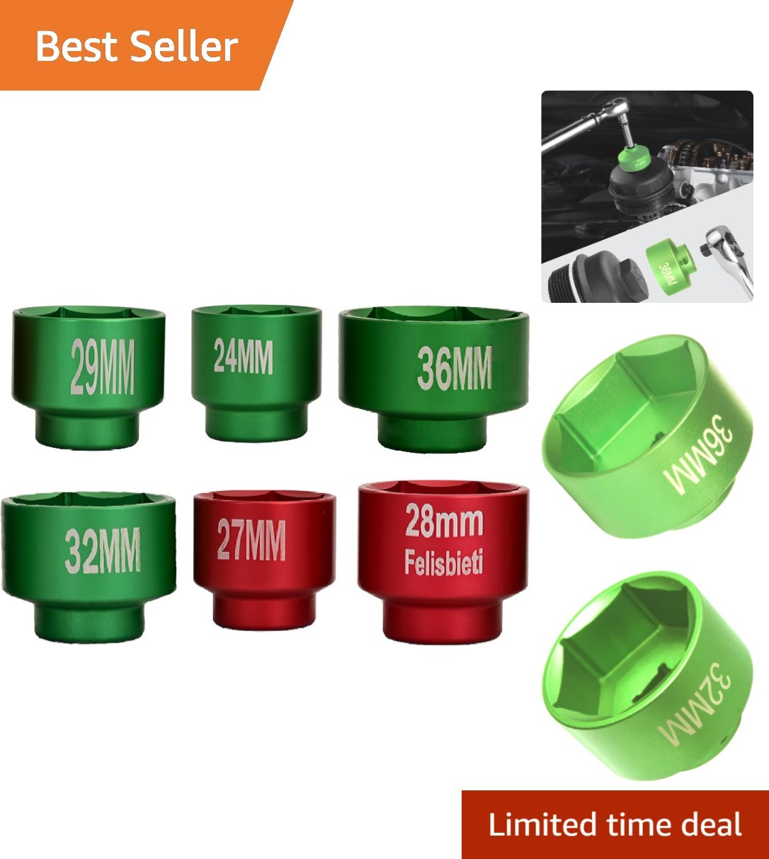 Durable 6061 Aluminum Oil Filter Socket Set, Low Profile Design – 6 Pieces