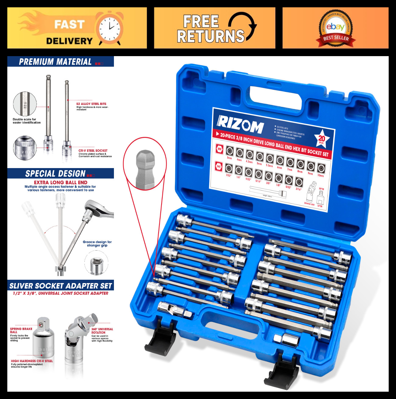 20-Piece Long Ball End Hex Bit Socket Set, Extra Long Allen Sockets, SAE & Metri