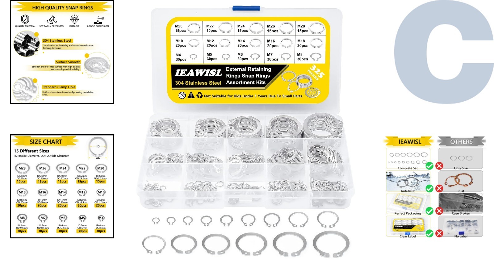 Versatile 325 PCS C-Clip Set: 15 Sizes M4-M28, Ideal for Machinery & Automobiles