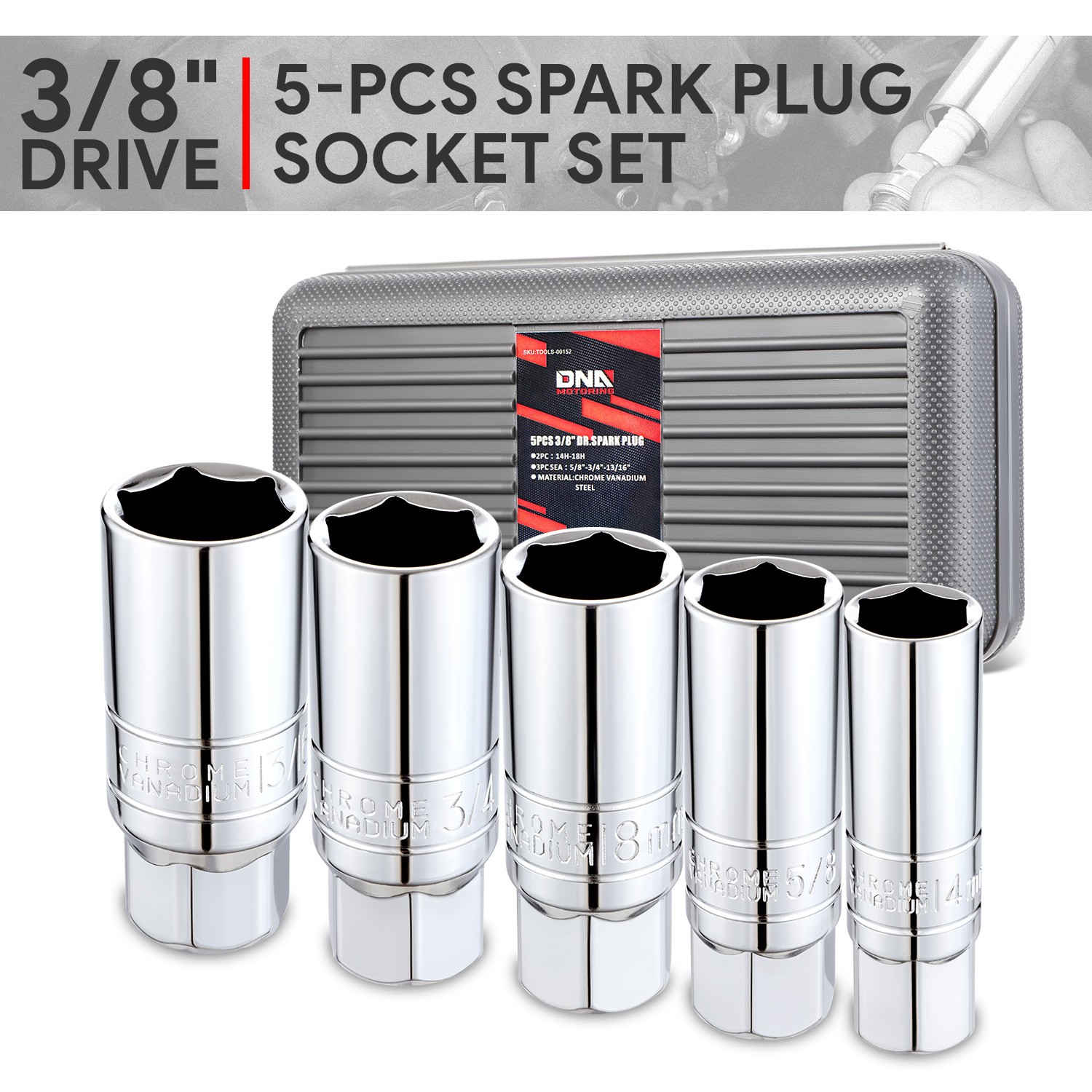 3/8″ SAE Metric Drive 6-Point Spark Plug Impact Socket Set w/ Storage Case 5Pack