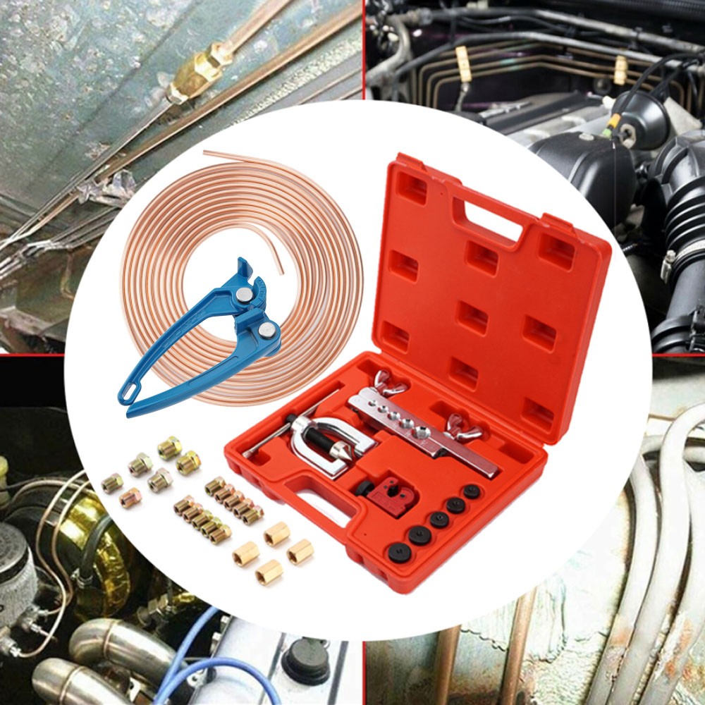 Copper Coated Brake Line 3/16 25FT & Flaring Tool + 20 Nuts Fittings Repair Kit