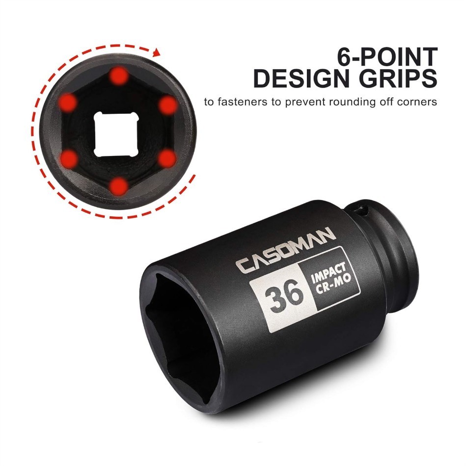 1/2″ Drive X 36 Mm Deep 6 PT Impact Socket, CR-MO, Drive 6 Point Axle Nut Socket