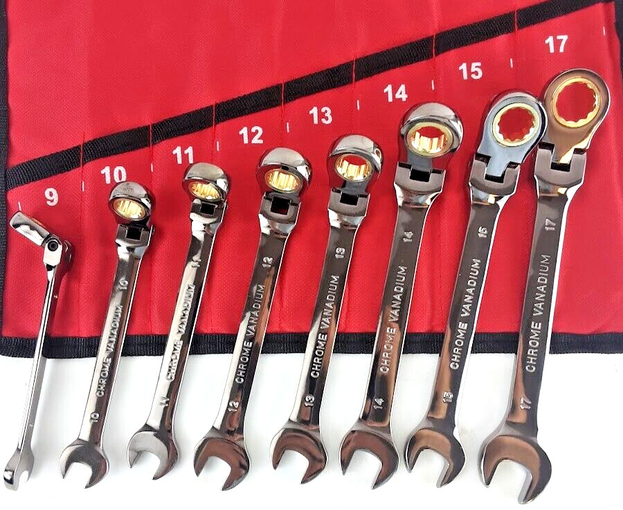 16PC FLEX HEAD RATCHET OPEN END COMBINATION WRENCH CR-V NI-PLATED METRIC+SAE SET