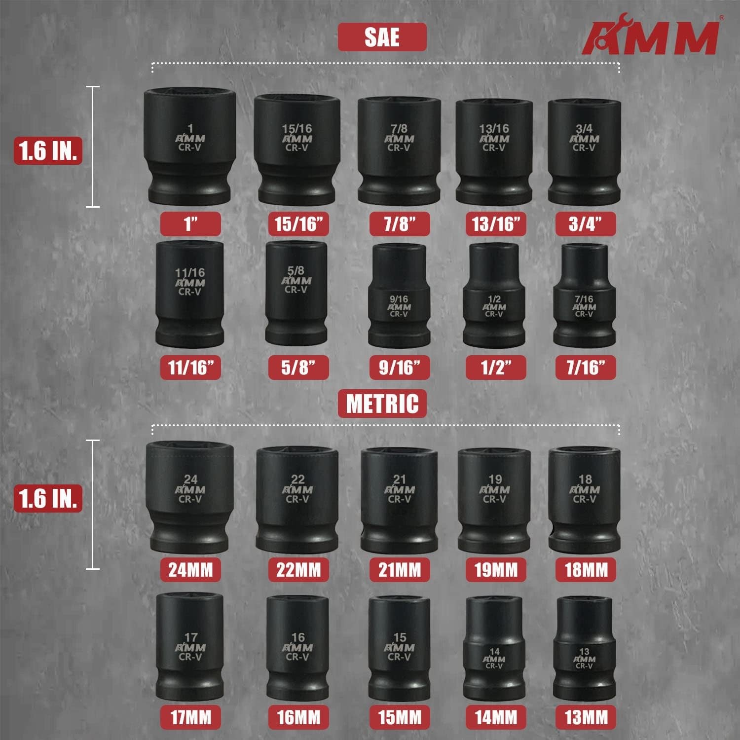 1/2″ Drive Master Impact Socket Set, 24-Piece Shallow Standard SAE (7/16-Inch to