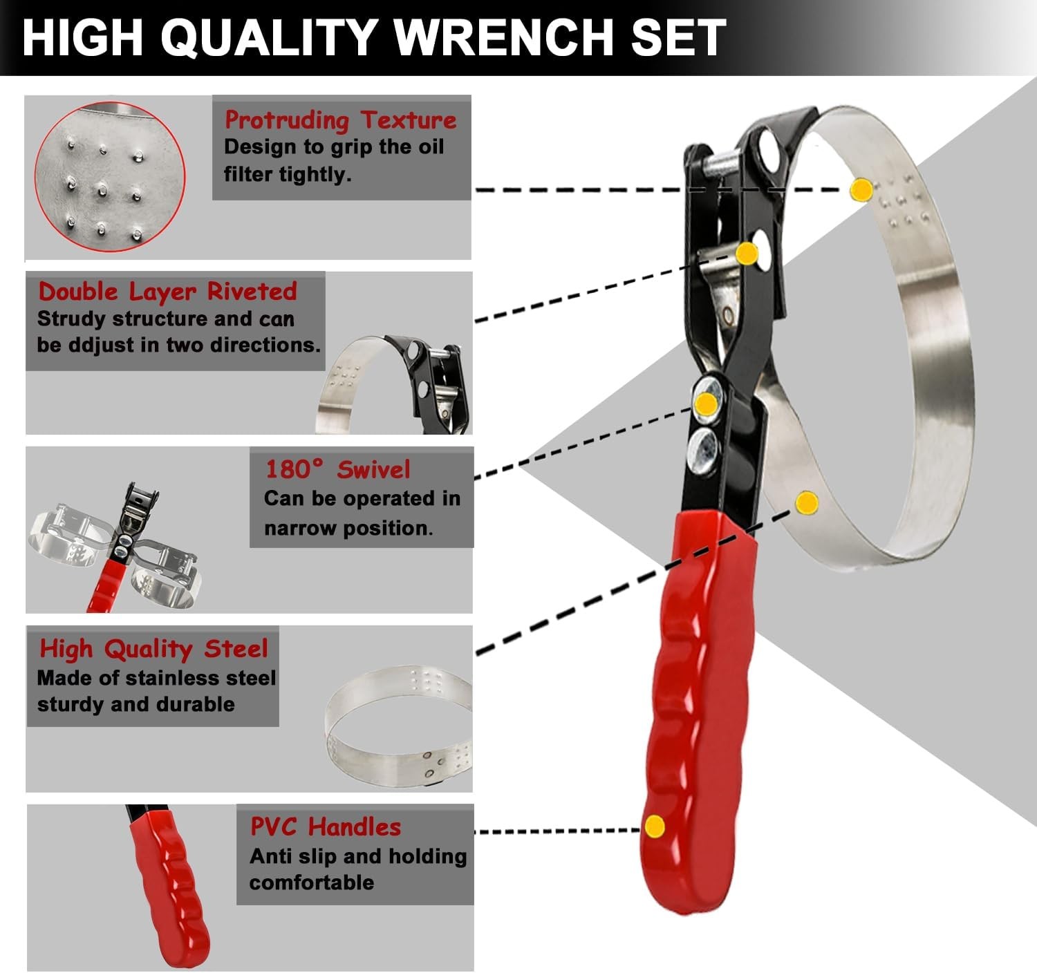 8pcs Oil Filter Wrench Set, 12″ Adjustable 8 PACK, Black&red&silver