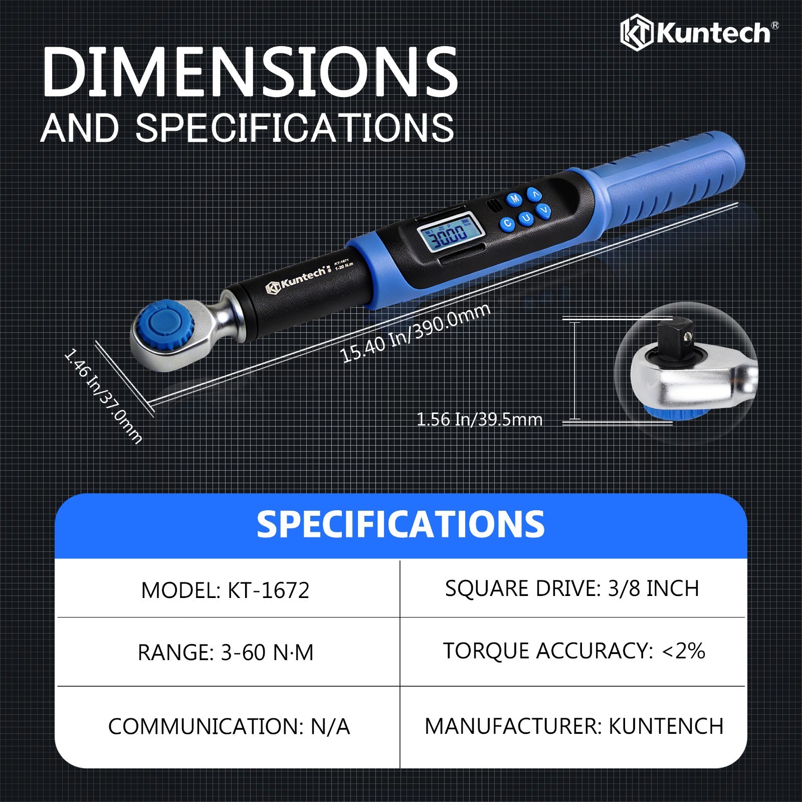 Digital Torque Wrench 3/8″ Drive 2.2-44.3 Ft-lbs/3-60 N.m with LED Display