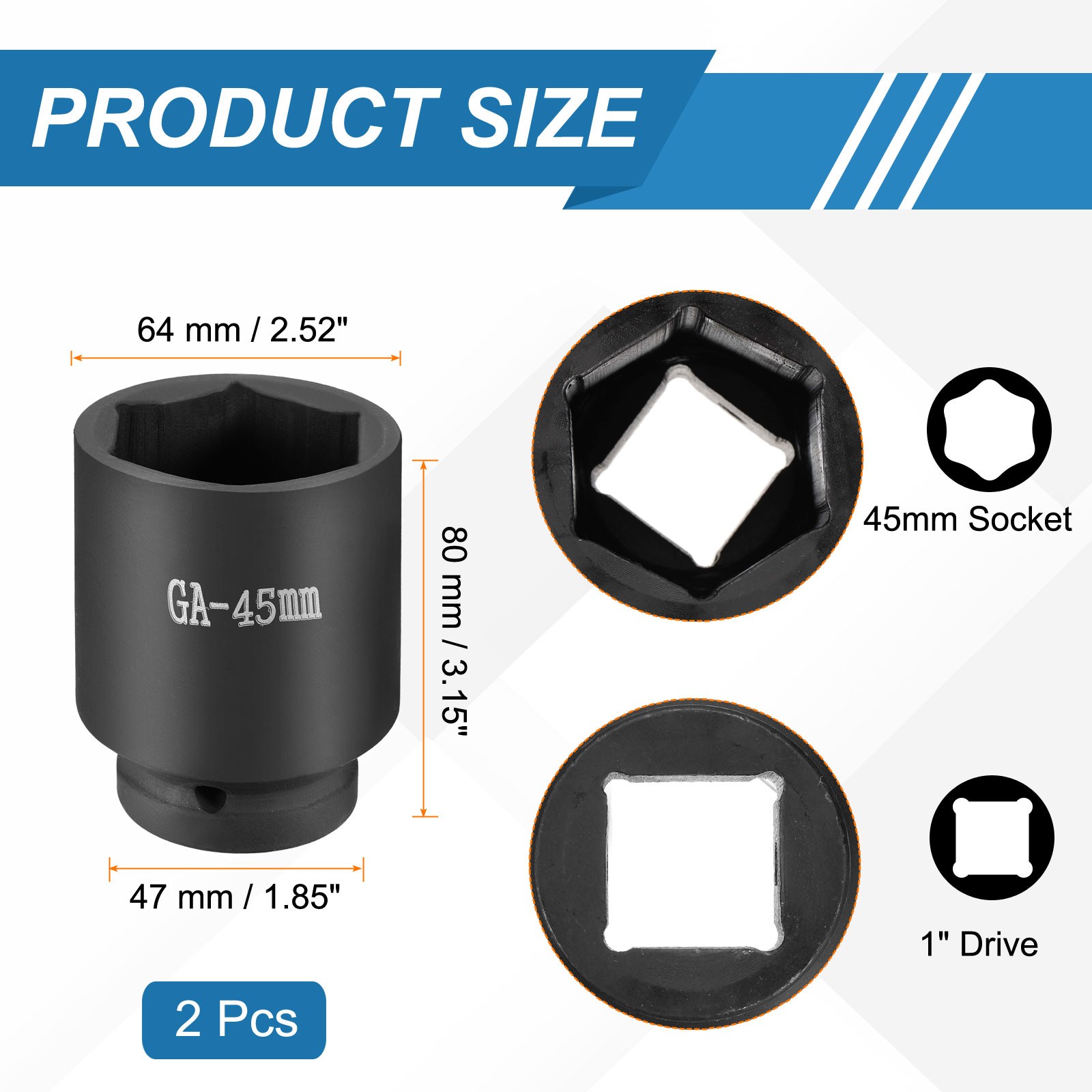 2pcs 1 Inch Drive 45mm 6 Point Impact Socket Chromium Vanadium Steel