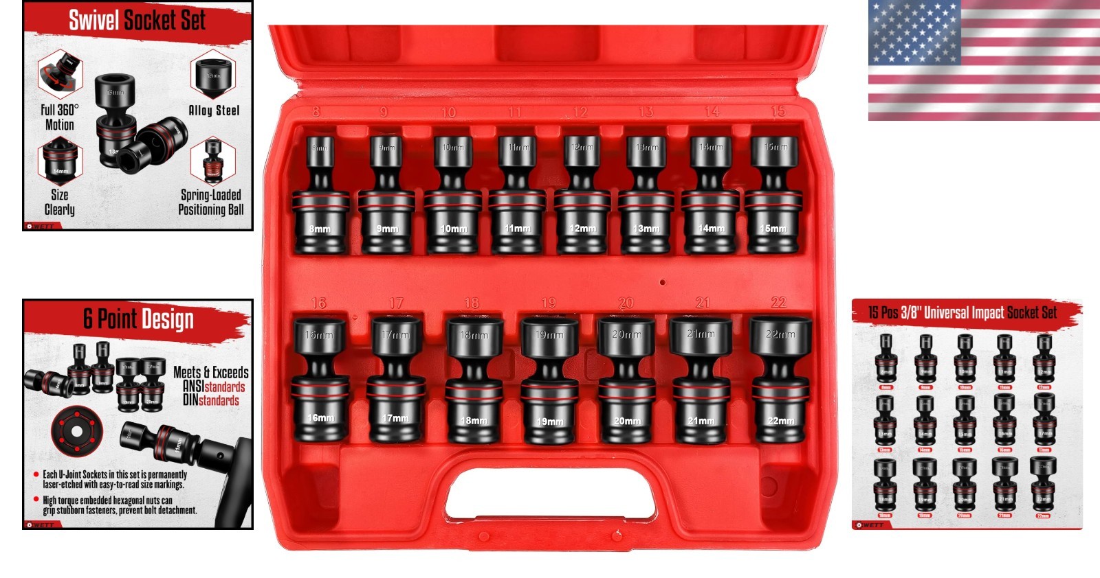 Heavy-Duty 15-Piece 3/8″ Universal Joint Socket Set – Easy Storage Case Included
