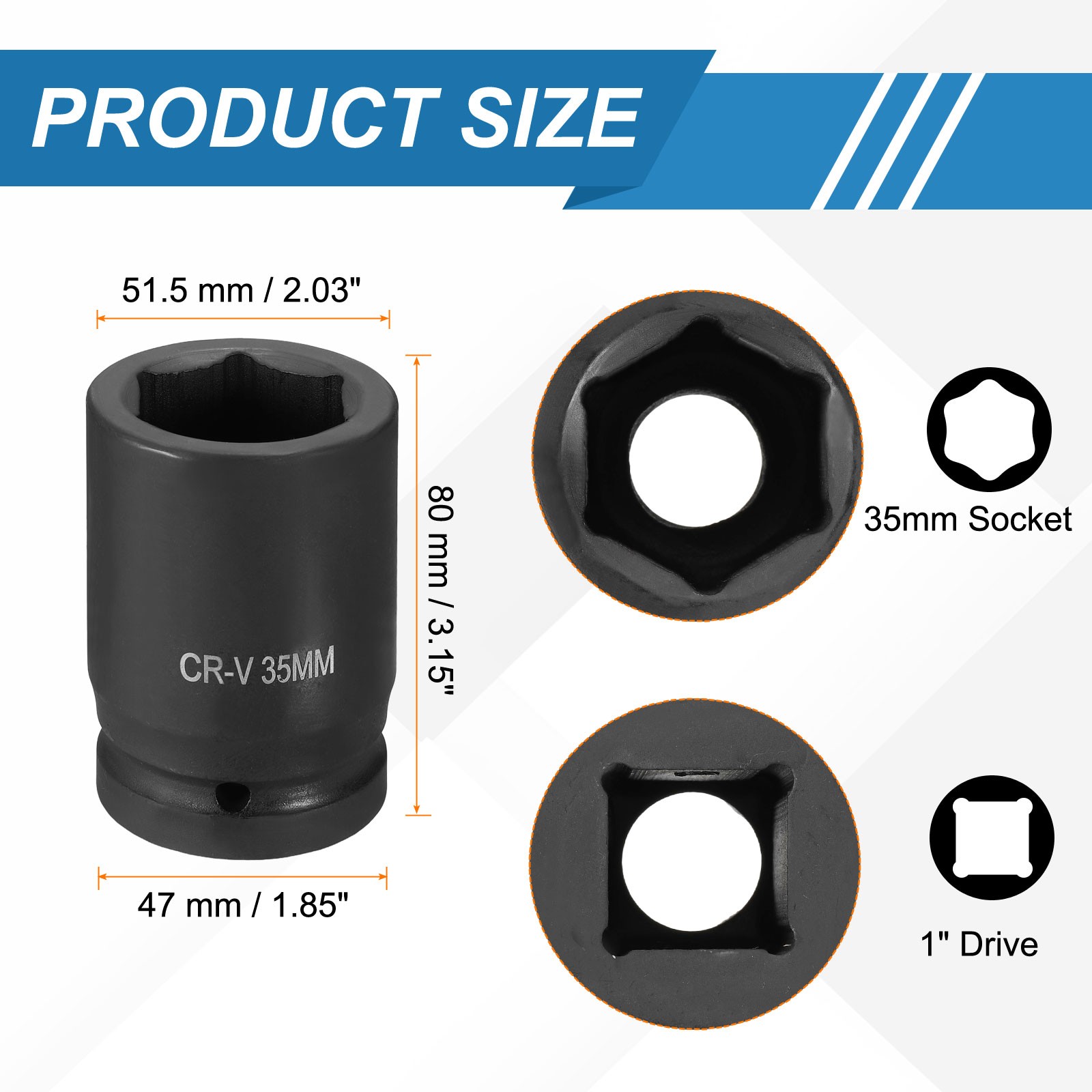 1 Inch Drive 35mm 6 Point Impact Socket Chromium Vanadium Steel
