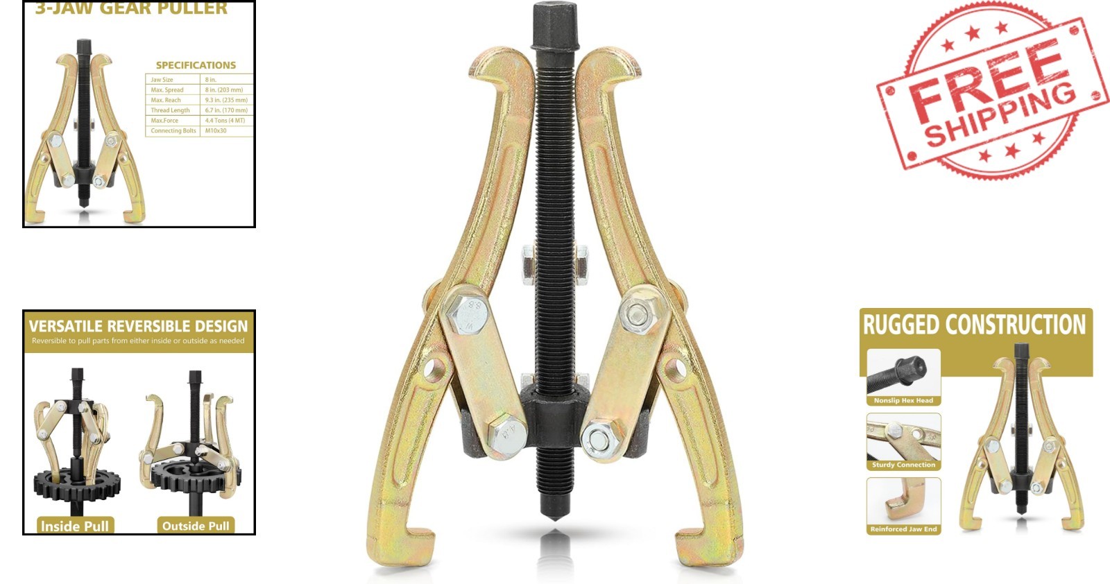 Versatile 8-Inch 3-Jaw Gear Removal Tool – Built to Last with 6 Position Design