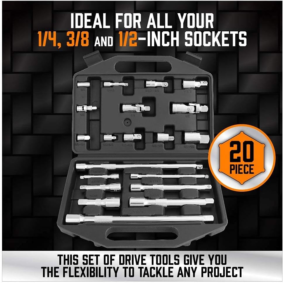 20-Piece Socket Extension Bar Set, 1/4″, 3/8″ and 1/2″ Drive Socket Extension Se