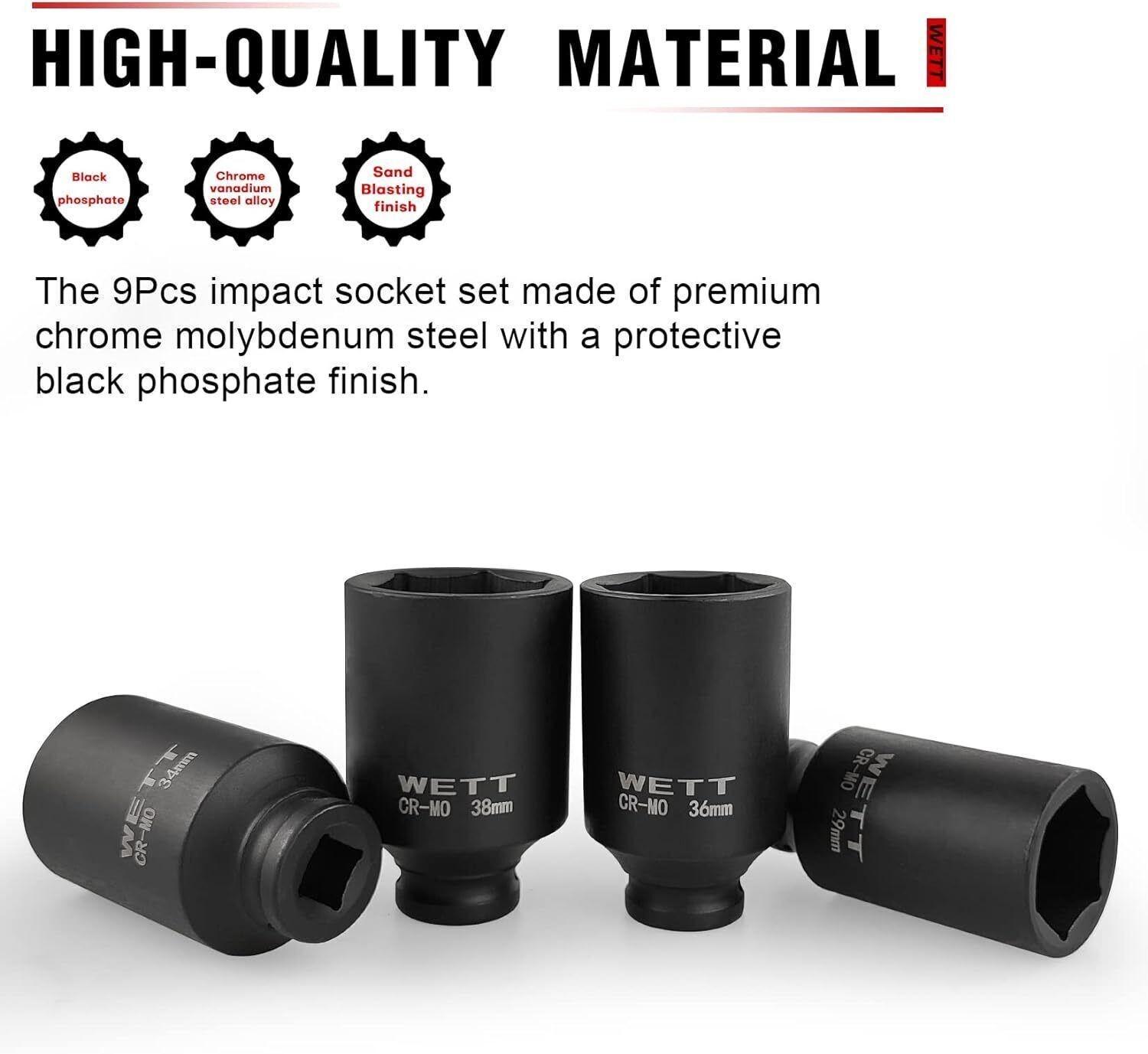 9-Pcs 1/2″Drive Deep 6-Point Impact Socket Set/Spindle Axle Nut Metric 29mm-38mm